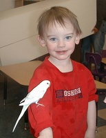 Nicolas holding &quot;Tweet Tweet&quot; class pet