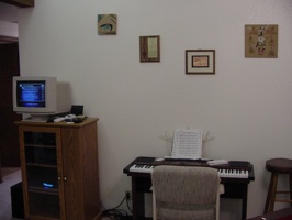 Living room wall with piano and entertainment center (view of music playlist on the monitor).