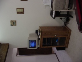 Living room wall with piano and entertainment center (view of music playlist on the monitor).