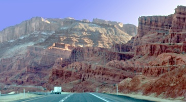 The road leading into Moab, Utah (taken while driving)